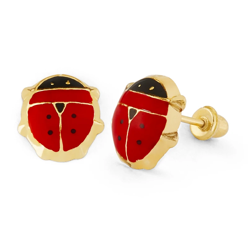 14K Gold Statement Red Enamel Ladybug Stud Earrings (982LSB)