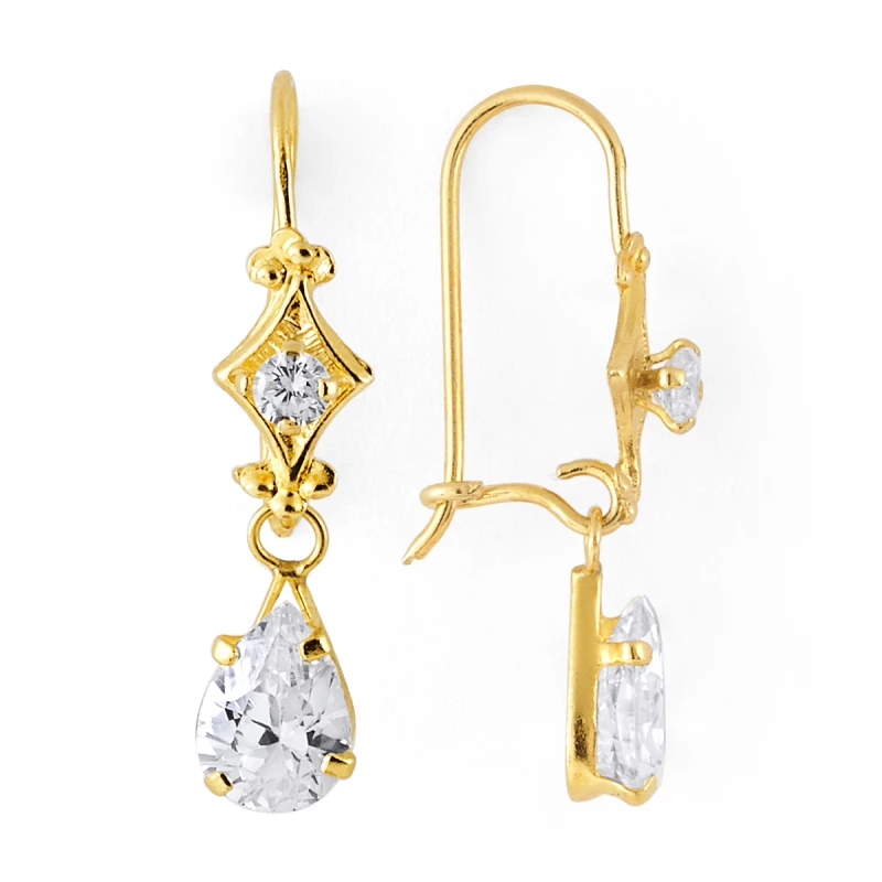 14K Gold Teardrop CZ Dangle Wire Earrings (1369SWB)