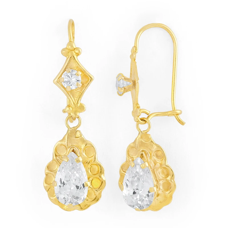 14K Gold Ornate Teardrop CZ Wire Earrings (1886WB)