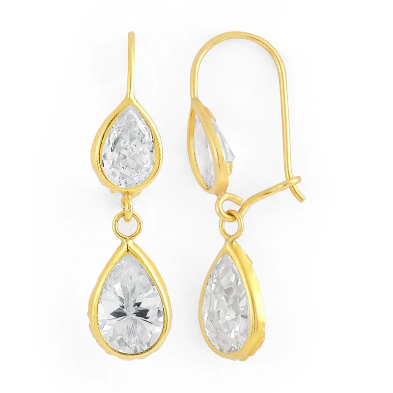 14K Gold Micro Double Teardrop CZ Wire Earrings (375LWB)