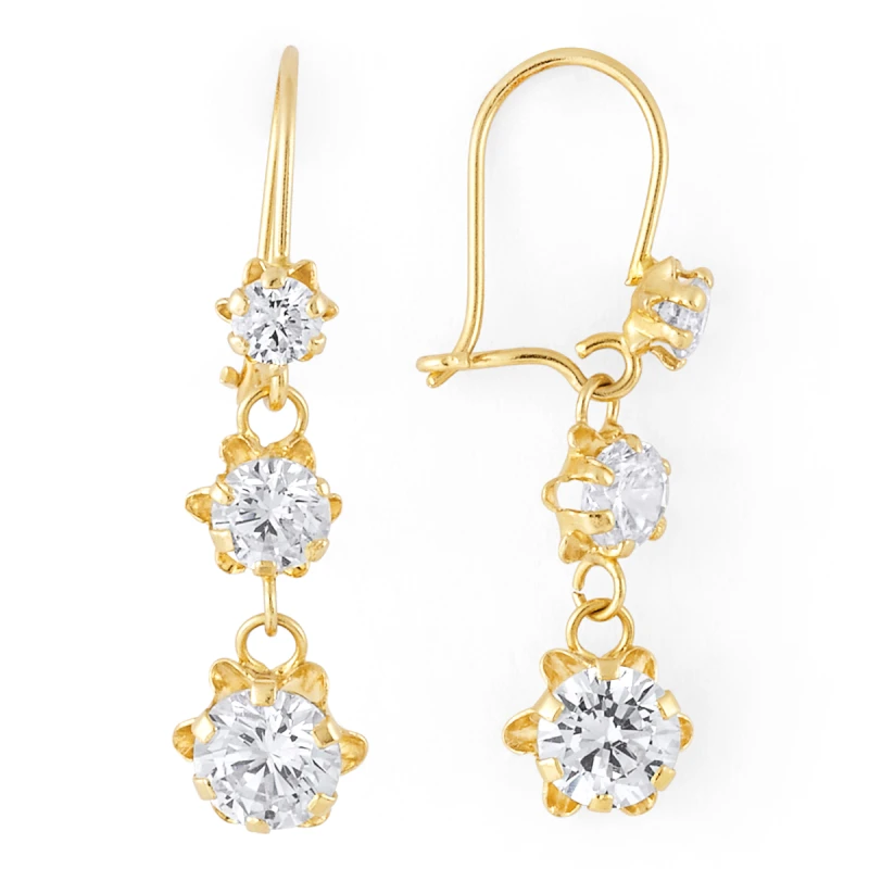 14K Gold Statement Triple Round CZ Drop Wire Earrings (847SWB)