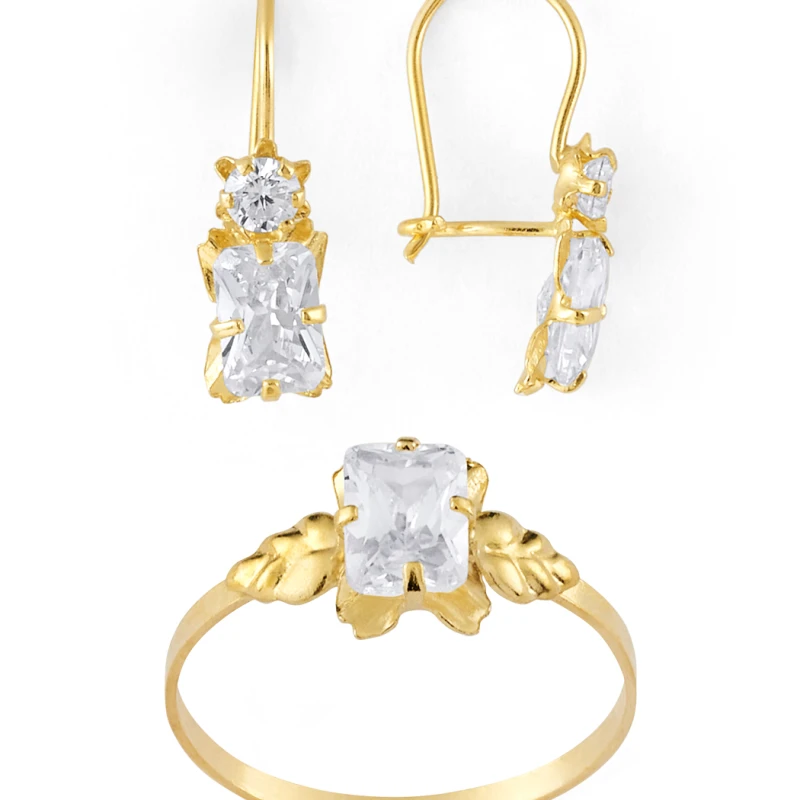 14K Gold Princess-Cut CZ Earrings and Ring Set (1552WBSET)