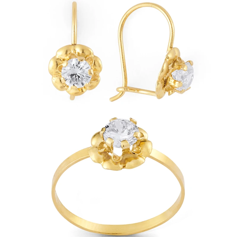 14K Gold Round CZ Flower Earrings and Ring Set (1560WBSET)